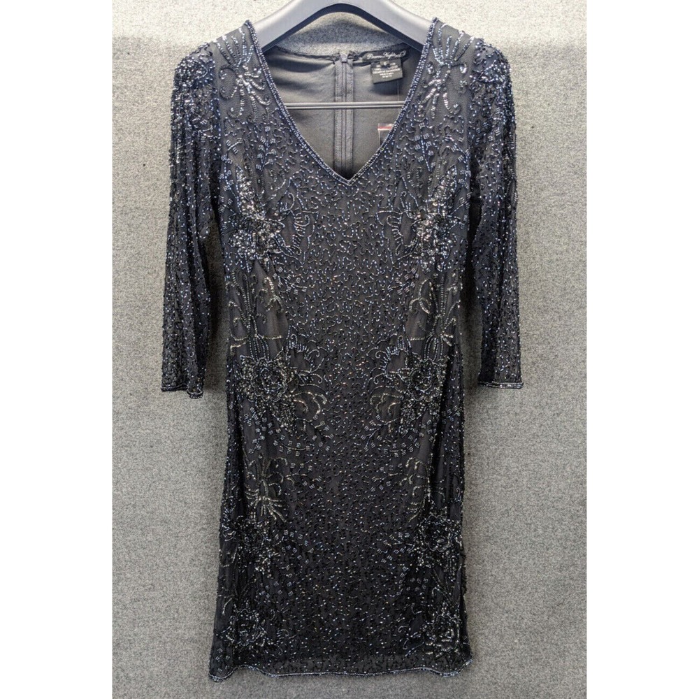 Pisarro Nights Slate Gray Silver Beaded Party Dress Sheer Lined 3/4 Sleeve NWT